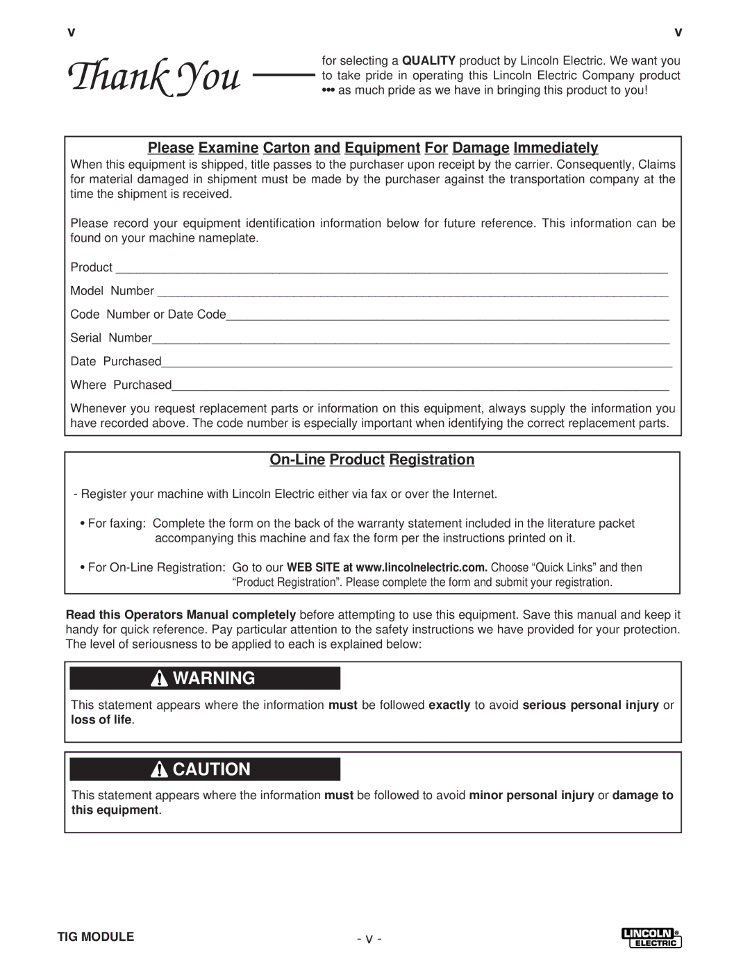 Lincoln Electric IM528-B manual Please Examine Carton and Equipment For Damage Immediately, On-Line Product Registration 