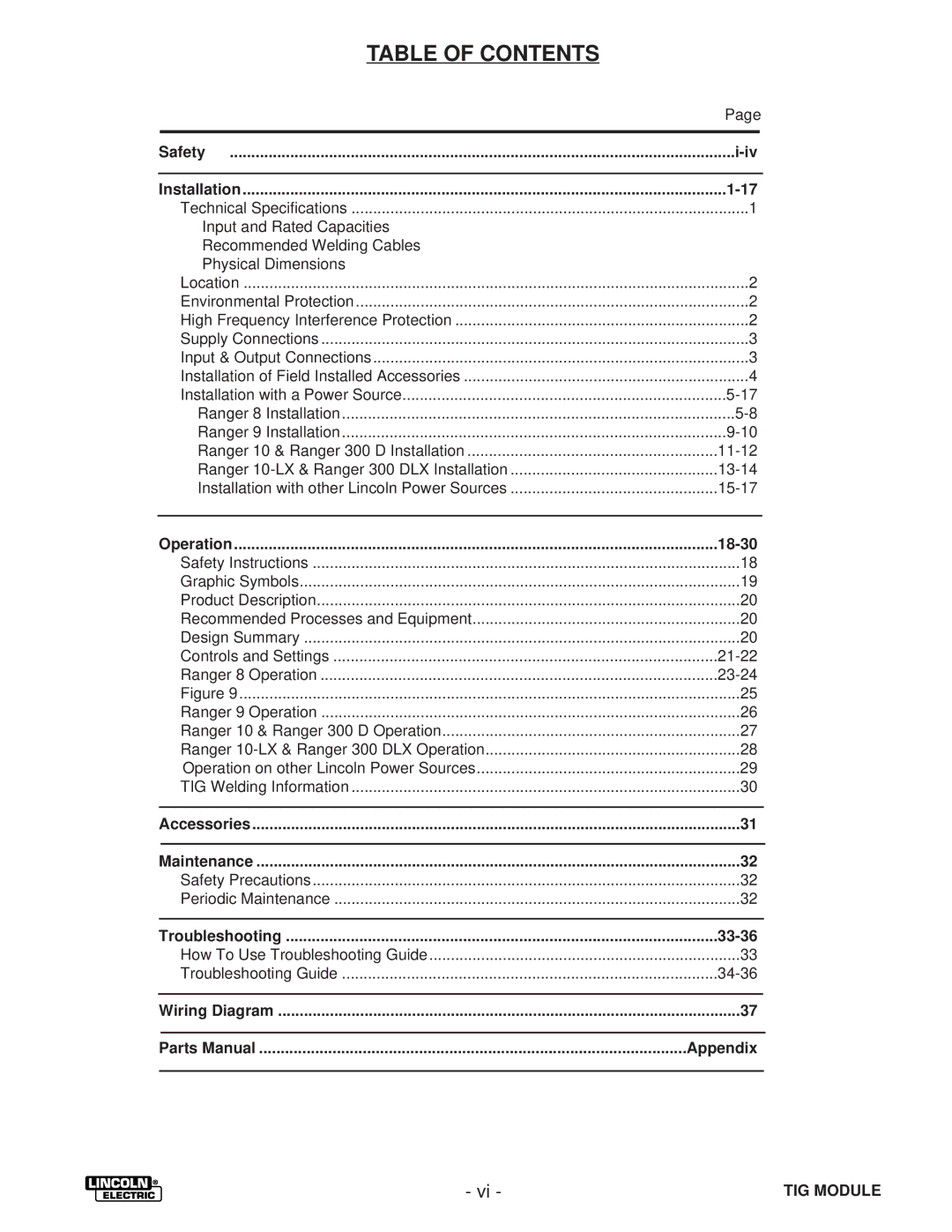 Lincoln Electric IM528-B manual Table of Contents 