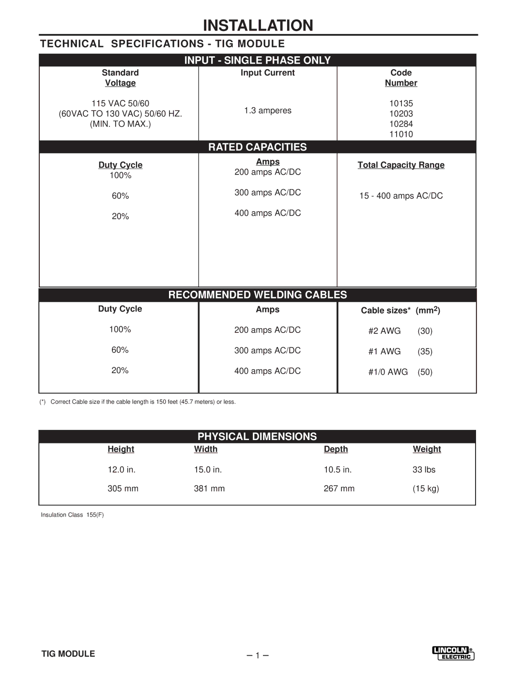 Lincoln Electric IM528-B manual Installation, Technical Specifications TIG Module 