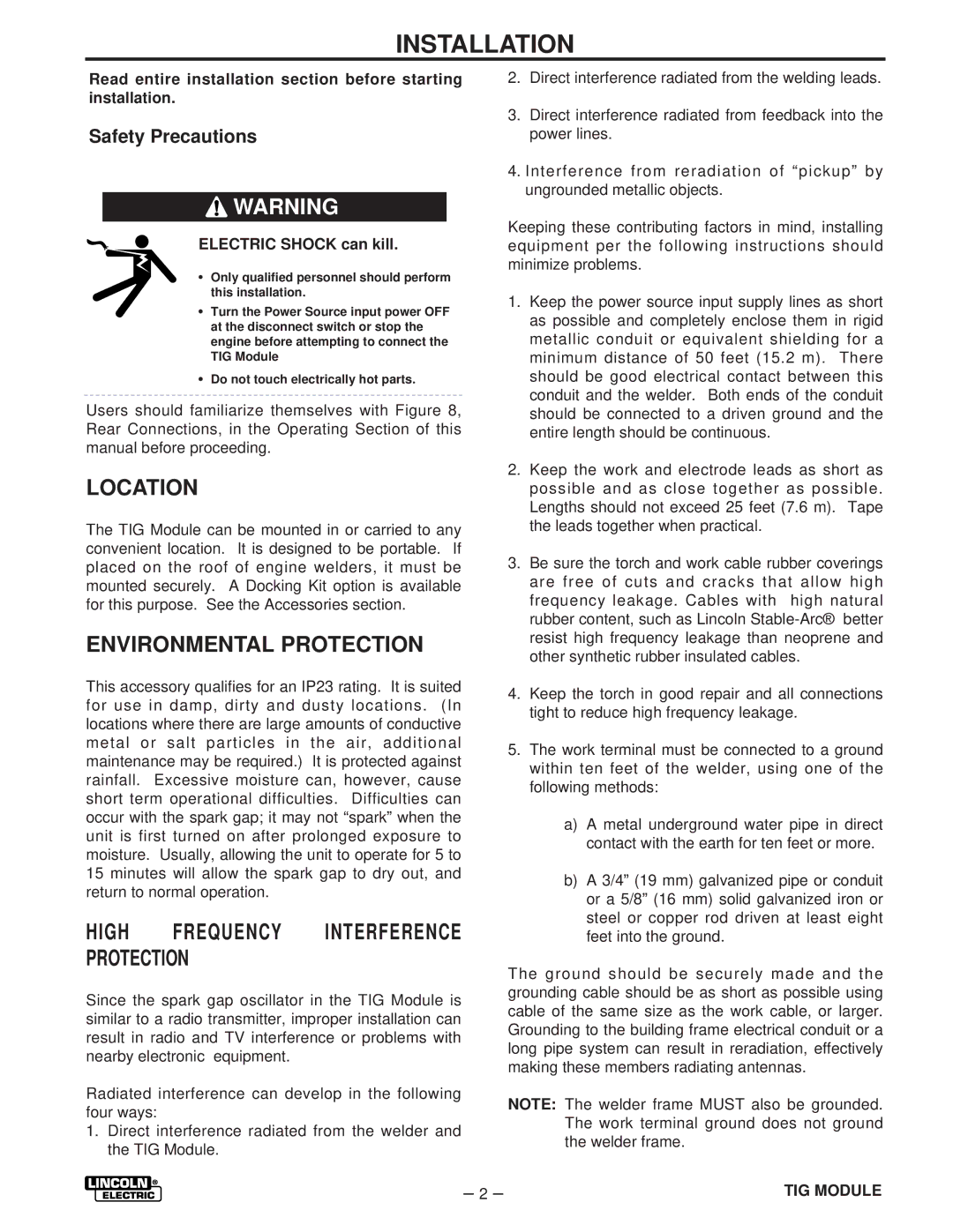 Lincoln Electric IM528-B Location, Environmental Protection, High Frequency Interference Protection, Safety Precautions 