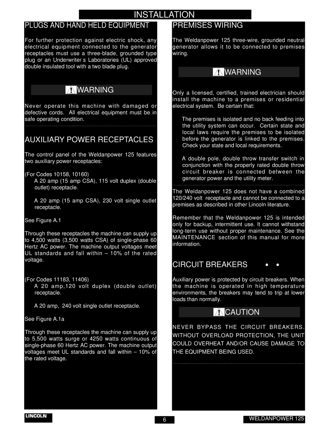 Lincoln Electric IM530-C manual Plugs and Hand Held Equipment, Auxiliary Power Receptacles, Circuit Breakers 