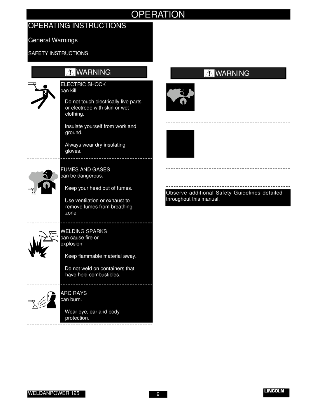 Lincoln Electric IM530-C manual Operating Instructions, General Warnings, Safety Instructions 