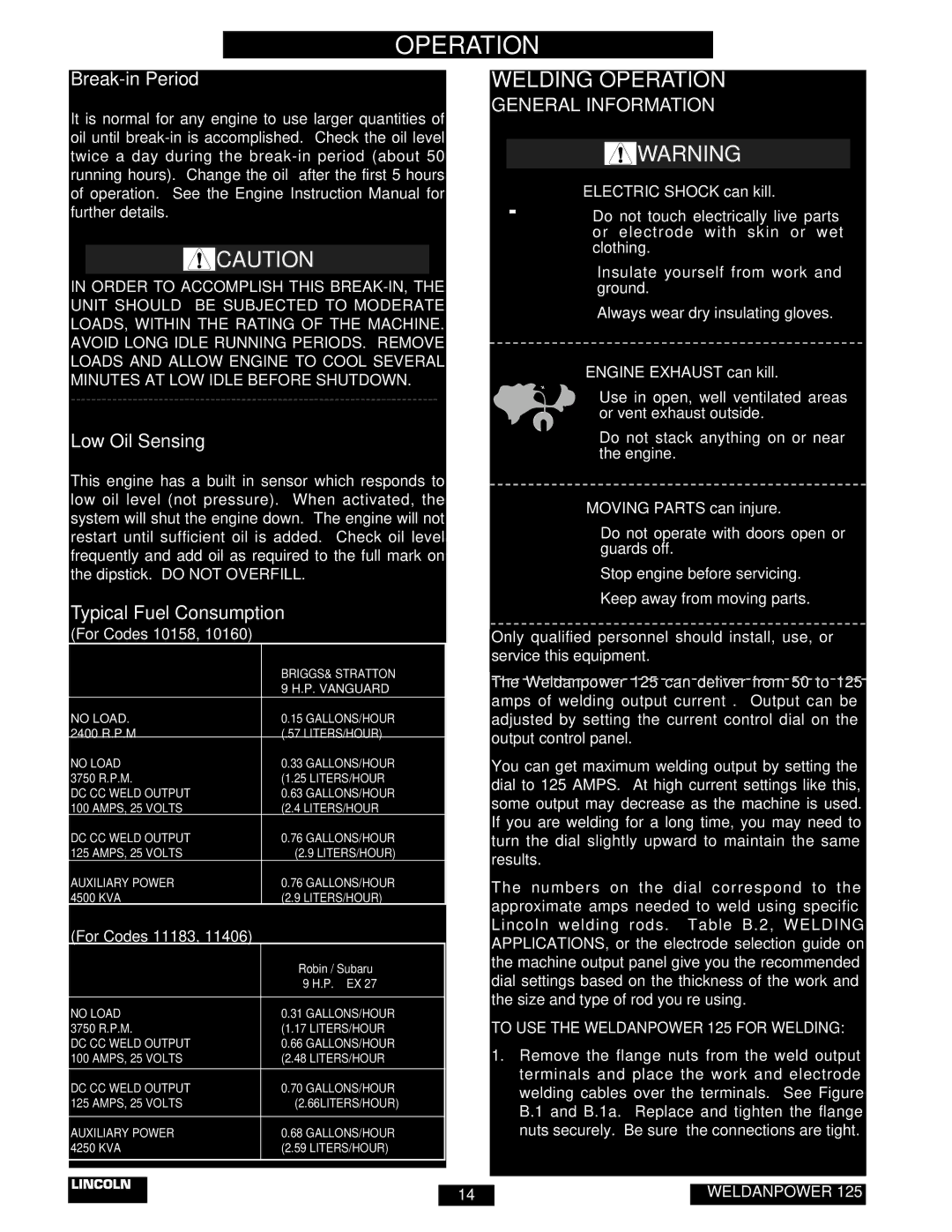 Lincoln Electric IM530-C manual Welding Operation, Break-in Period, Low Oil Sensing, Typical Fuel Consumption 