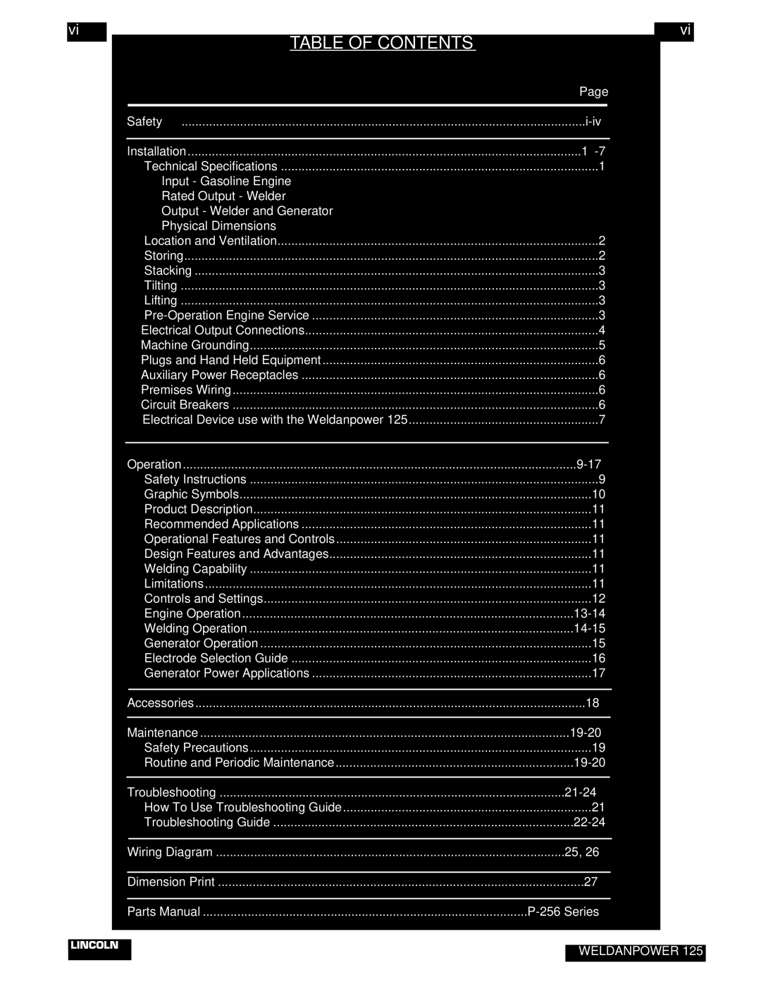 Lincoln Electric IM530-C manual Table of Contents 