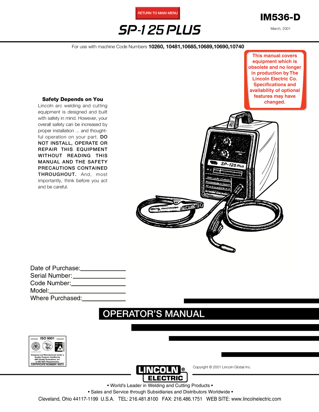 Lincoln Electric IM536-D manual SP-125 Plus 