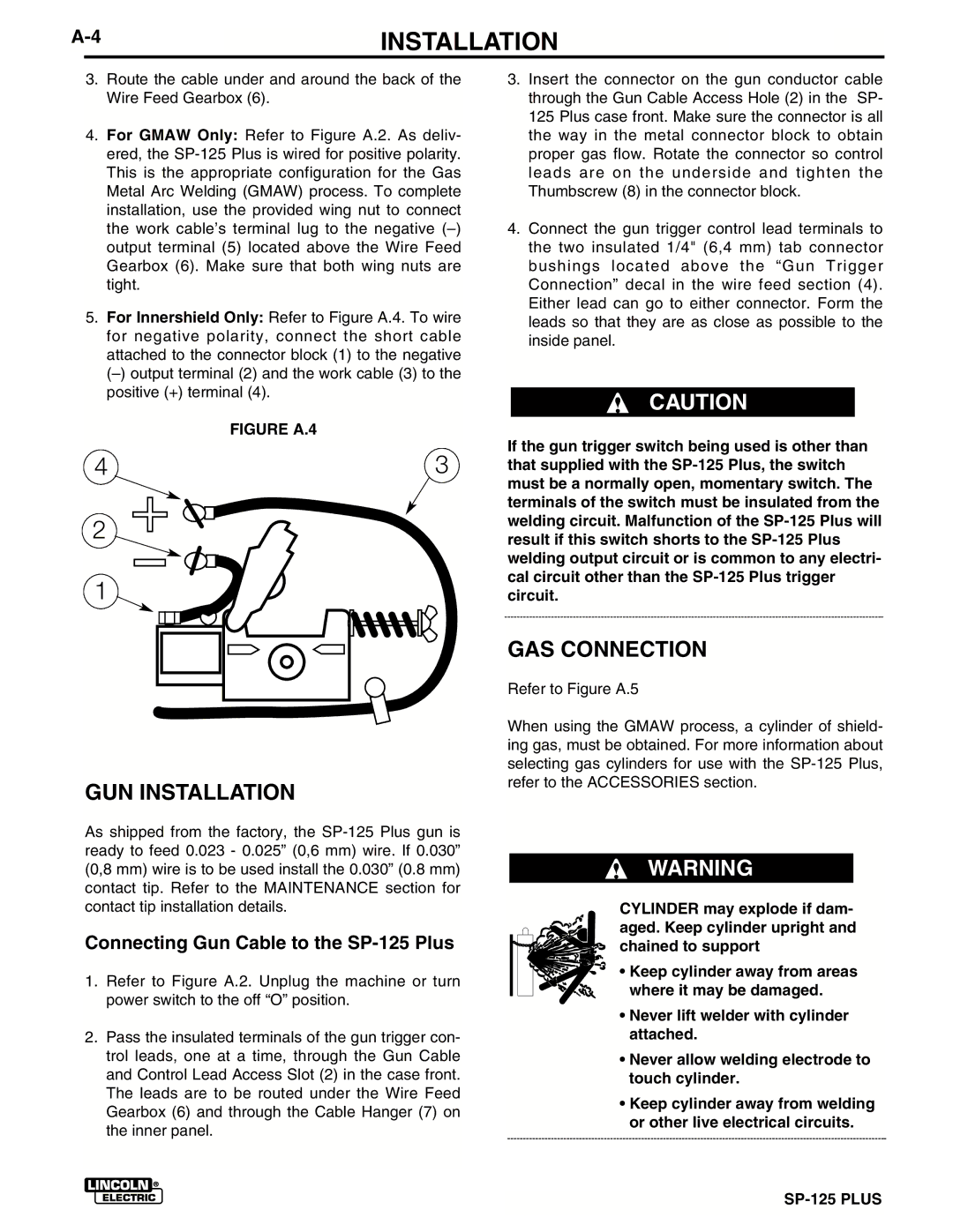 Lincoln Electric IM536-D manual GUN Installation, GAS Connection, Connecting Gun Cable to the SP-125 Plus 