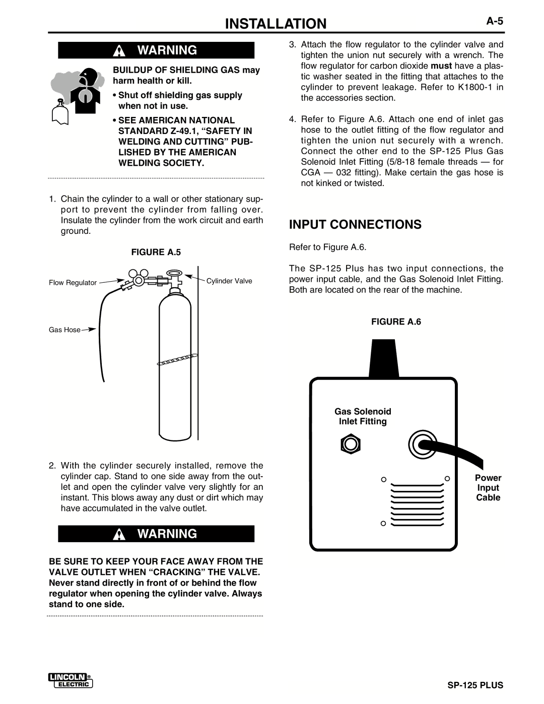 Lincoln Electric IM536-D manual Input Connections, Gas Solenoid Inlet Fitting Power Input Cable 