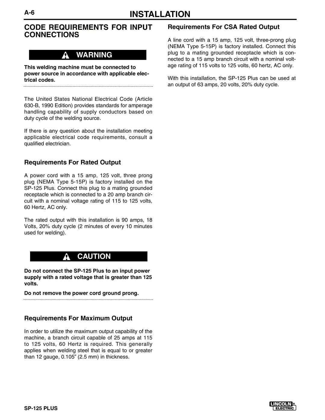 Lincoln Electric IM536-D manual Code Requirements for Input Connections, Requirements For Rated Output 