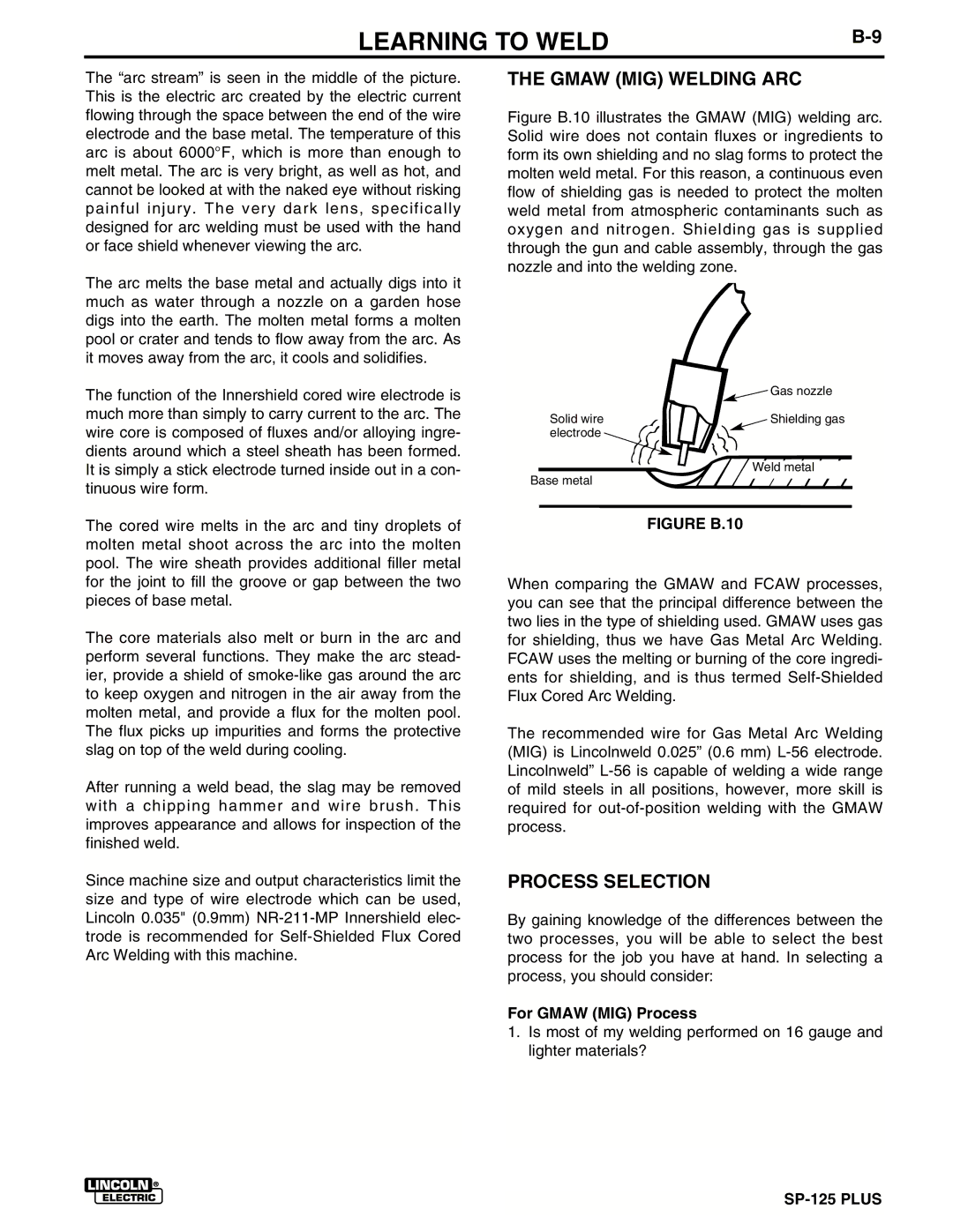 Lincoln Electric IM536-D manual Gmaw MIG Welding ARC, Process Selection, For Gmaw MIG Process 