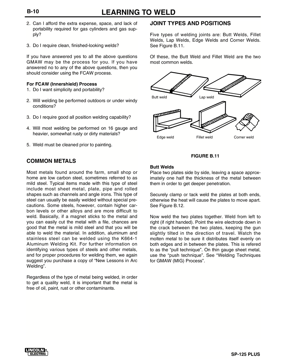 Lincoln Electric IM536-D manual Common Metals, Joint Types and Positions, For Fcaw Innershield Process, Butt Welds 