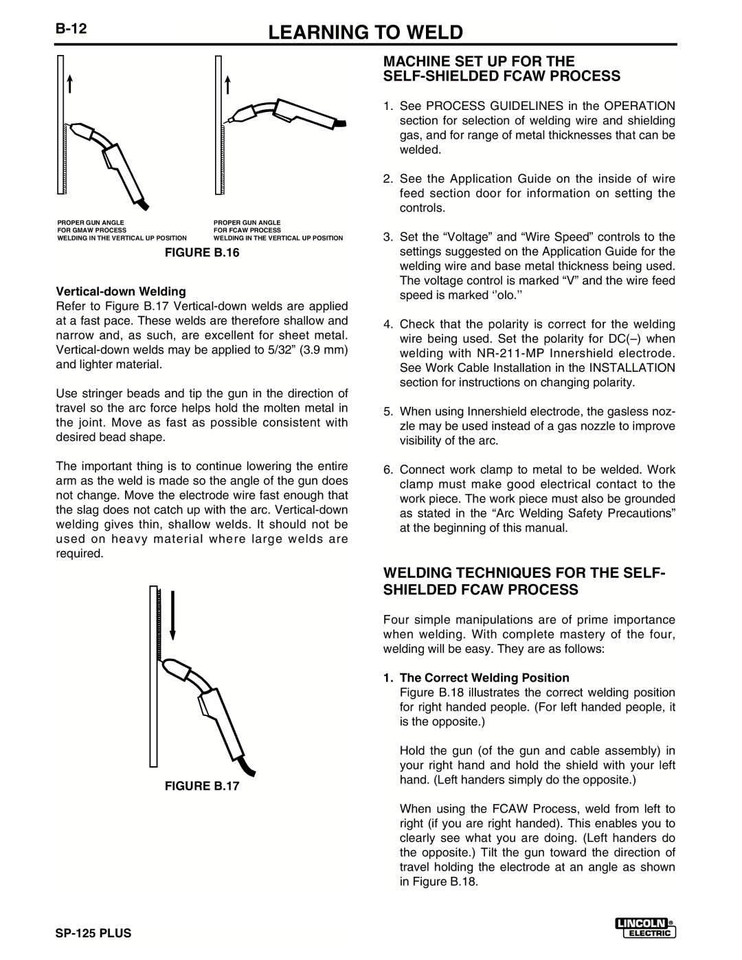 Lincoln Electric IM536-D manual Machine SET UP for the SELF-SHIELDED Fcaw Process, Vertical-down Welding 