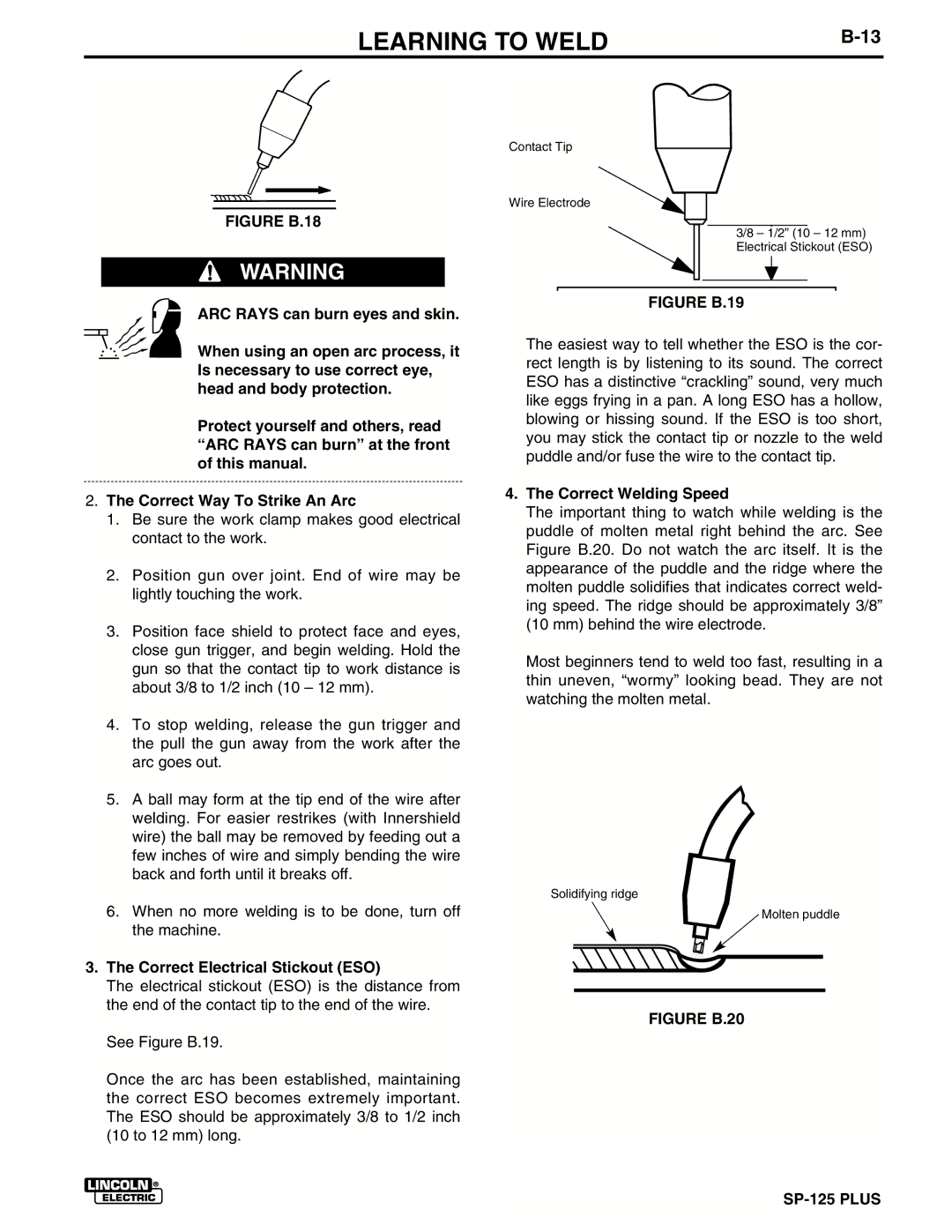 Lincoln Electric IM536-D manual Correct Electrical Stickout ESO, Correct Welding Speed 