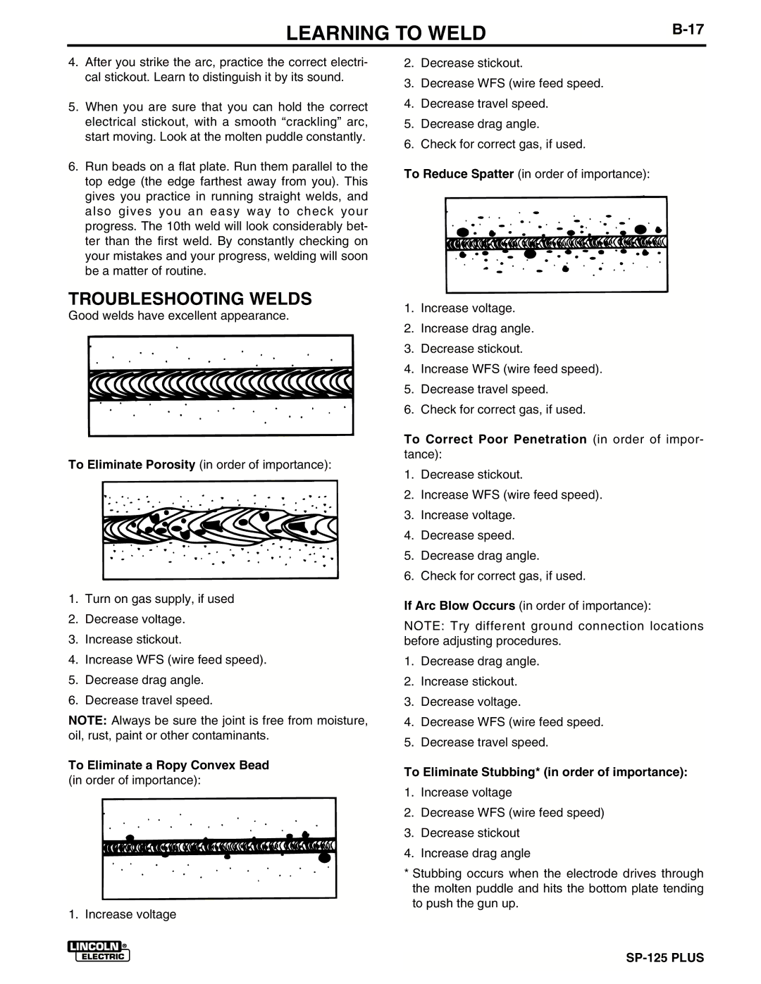 Lincoln Electric IM536-D manual Troubleshooting Welds, To Eliminate a Ropy Convex Bead in order of importance 