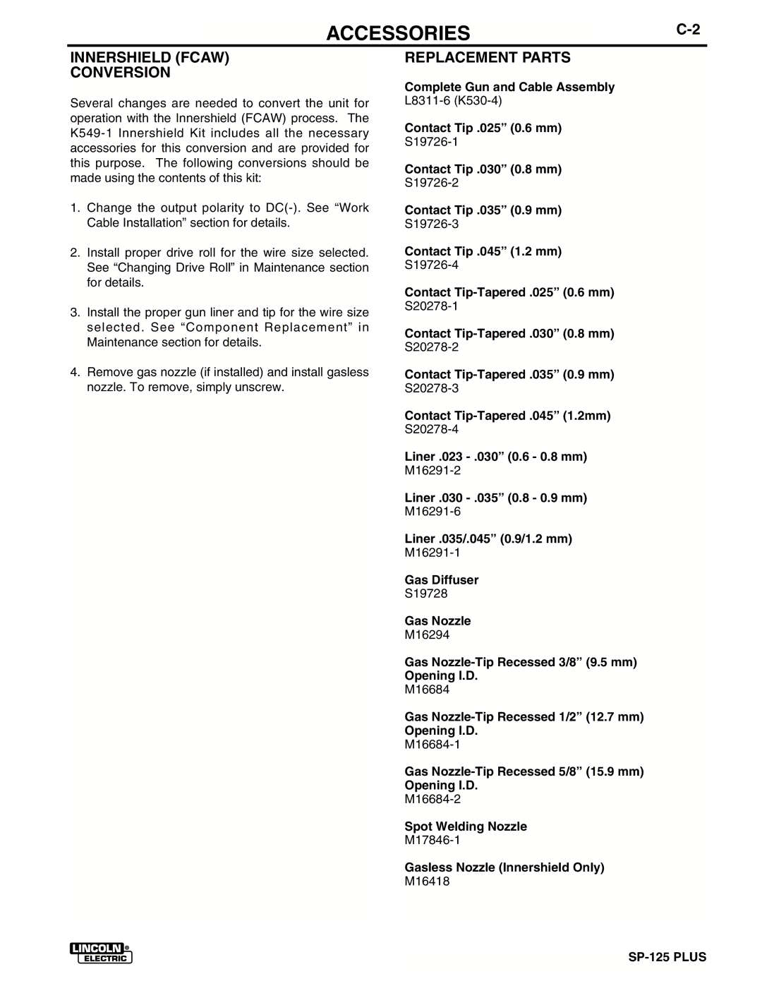 Lincoln Electric IM536-D manual Innershield Fcaw Conversion, Replacement Parts 