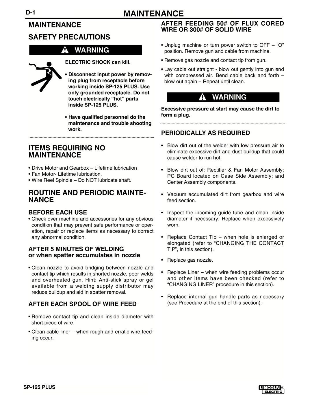 Lincoln Electric IM536-D manual Maintenance Safety Precautions, Items Requiring no Maintenance 