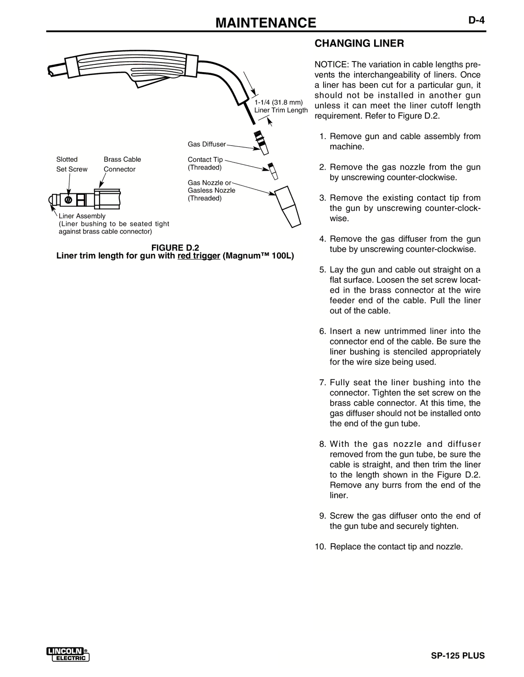 Lincoln Electric IM536-D manual Changing Liner, Liner trim length for gun with red trigger Magnum 100L 