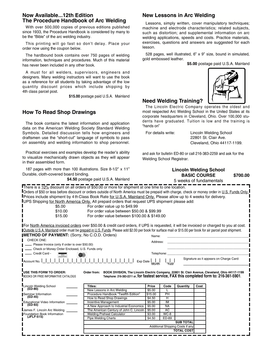 Lincoln Electric IM536-D manual How To Read Shop Drawings, New Lessons in Arc Welding, Need Welding Training?, $700.00 