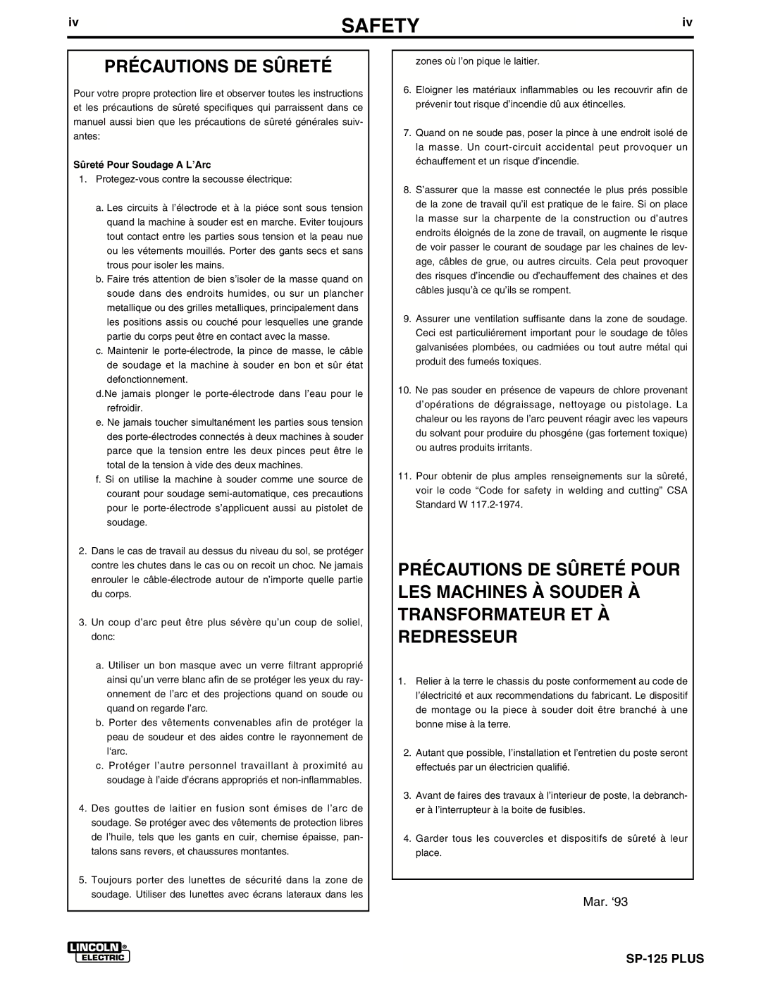 Lincoln Electric IM536-D manual Précautions DE Sûreté, Sûreté Pour Soudage a L’Arc 