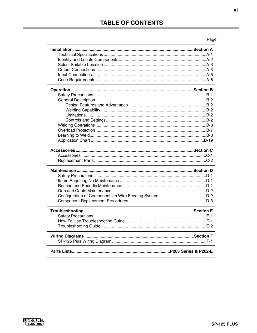 Lincoln Electric IM536-D manual Table of Contents 