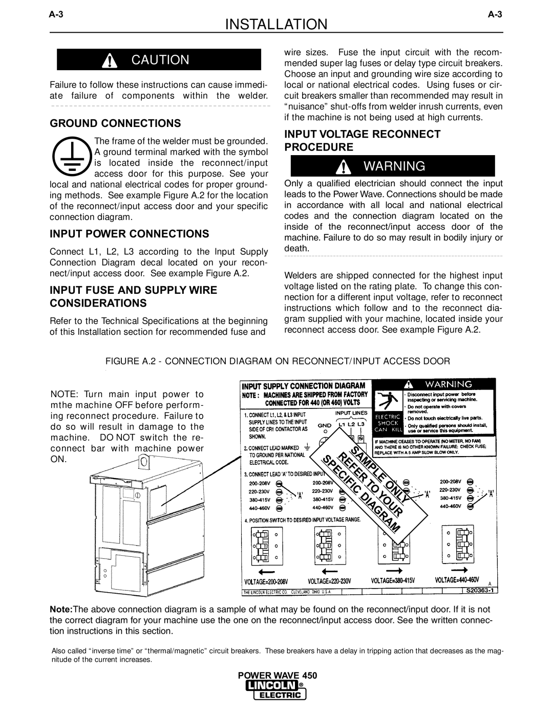 Lincoln Electric IM542-D manual Ground Connections, Input Power Connections, Input Fuse and Supply Wire Considerations 