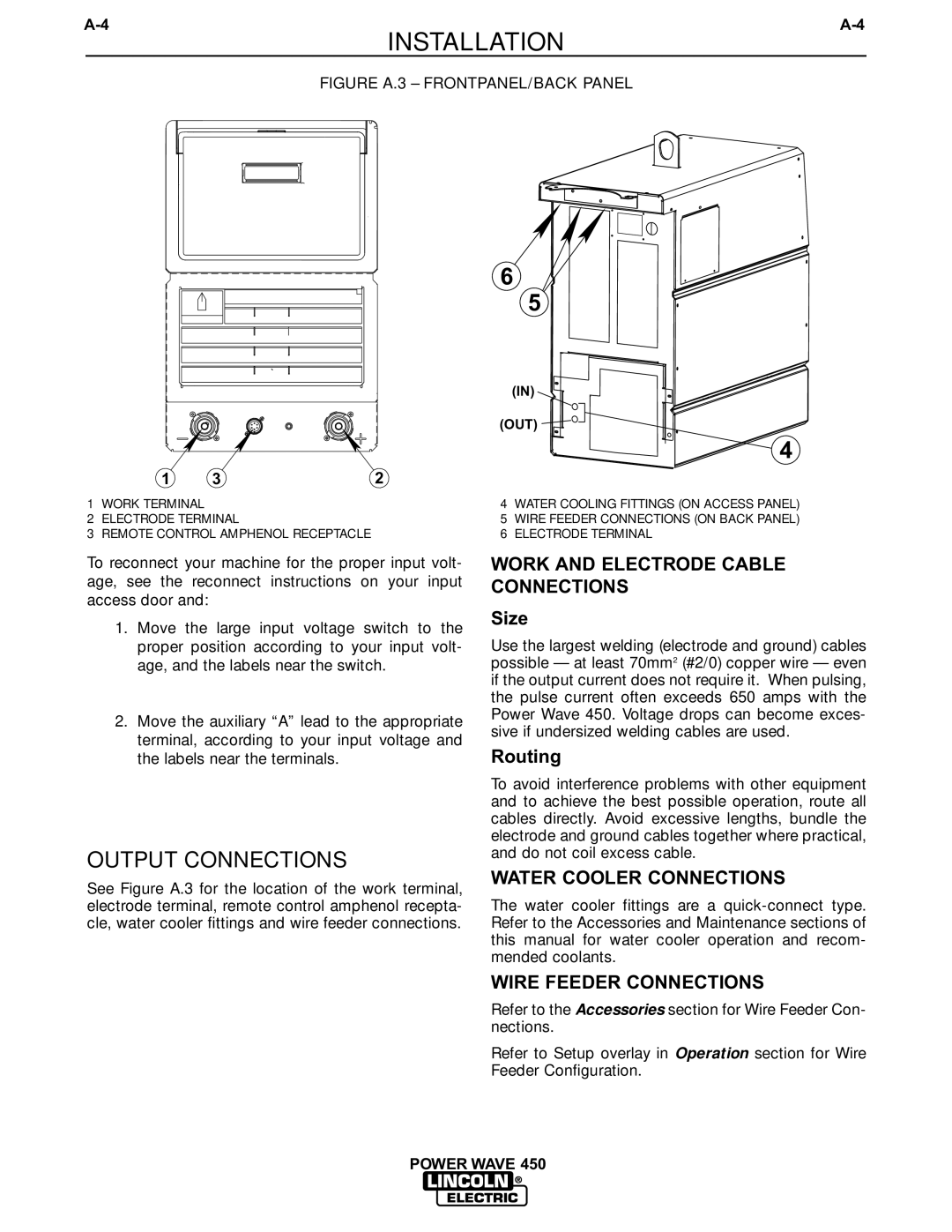 Lincoln Electric IM542-D manual Output Connections, Work and Electrode Cable Connections, Water Cooler Connections 