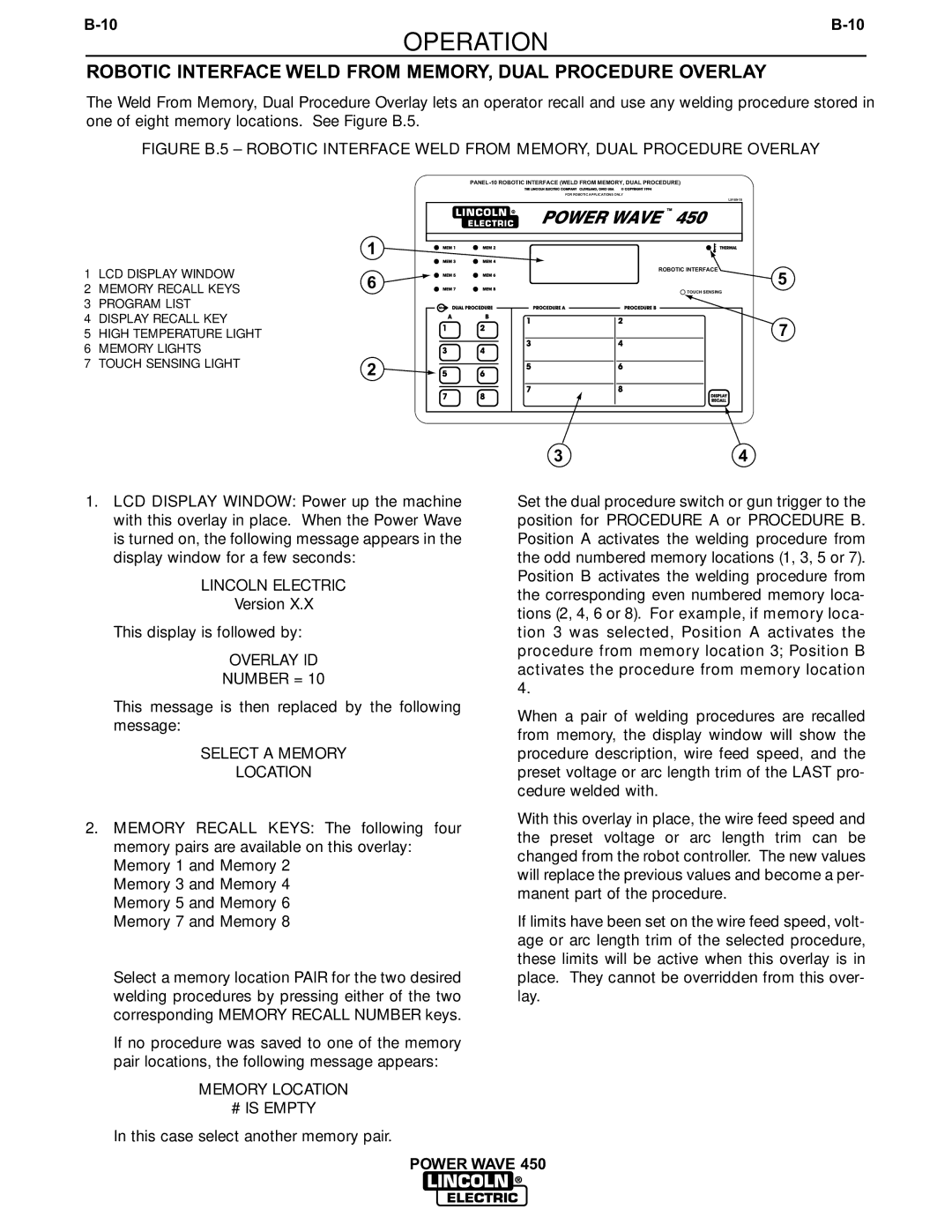 Lincoln Electric IM542-D manual Robotic Interface Weld from MEMORY, Dual Procedure Overlay, Select a Memory Location 