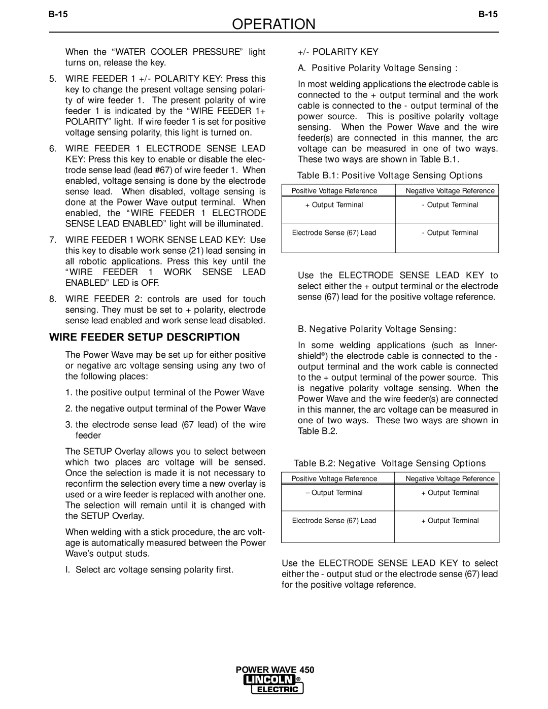 Lincoln Electric IM542-D manual Wire Feeder Setup Description, +/- Polarity KEY, Positive Polarity Voltage Sensing 