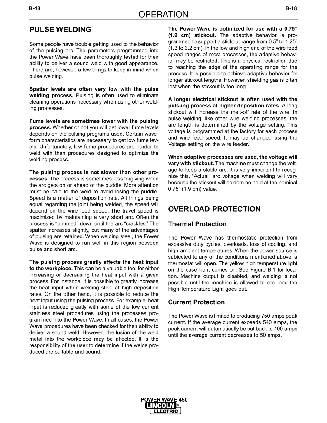 Lincoln Electric IM542-D manual Pulse Welding, Overload Protection, Thermal Protection, Current Protection 