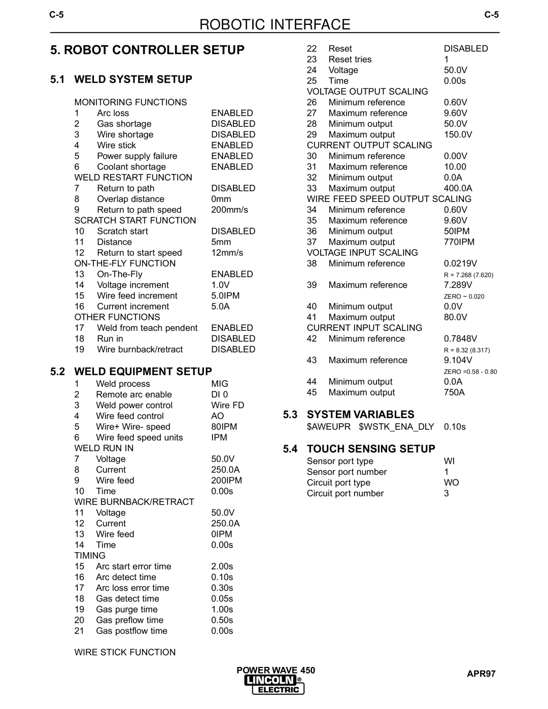 Lincoln Electric IM542-D manual Robot Controller Setup, Weld System Setup, Weld Equipment Setup, System Variables 