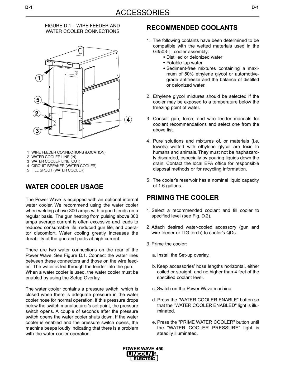 Lincoln Electric IM542-D manual Accessories, Water Cooler Usage, Recommended Coolants, Priming the Cooler 