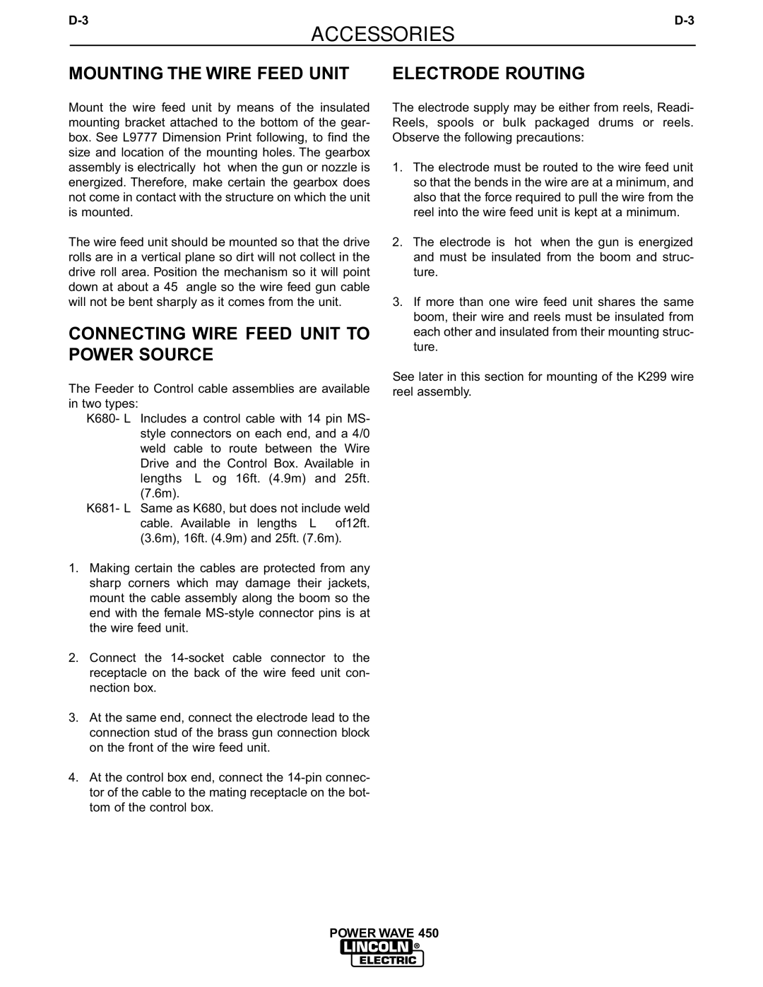 Lincoln Electric IM542-D manual Mounting the Wire Feed Unit Electrode Routing, Connecting Wire Feed Unit to Power Source 