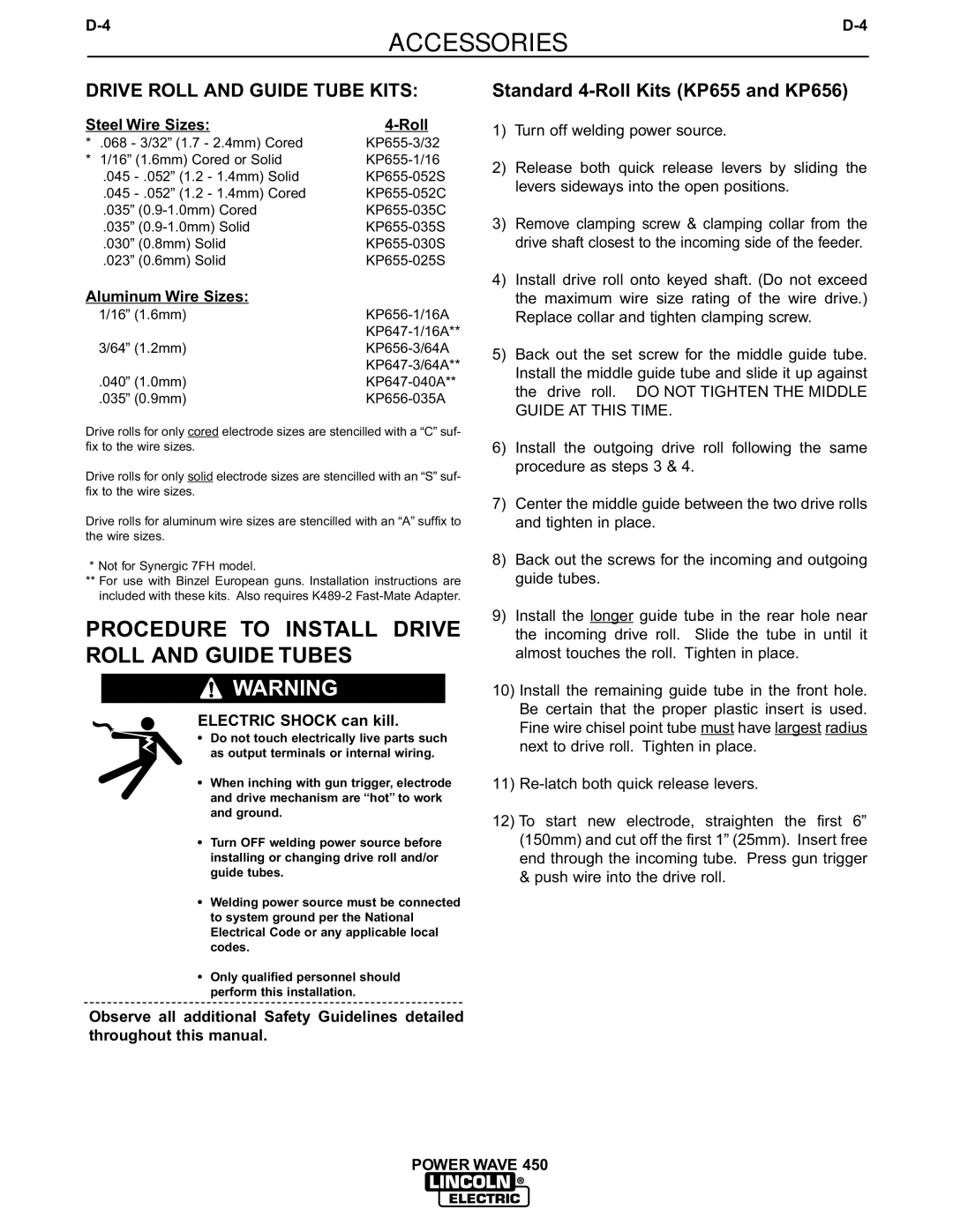 Lincoln Electric IM542-D manual Procedure to Install Drive Roll and Guide Tubes, Drive Roll and Guide Tube Kits 