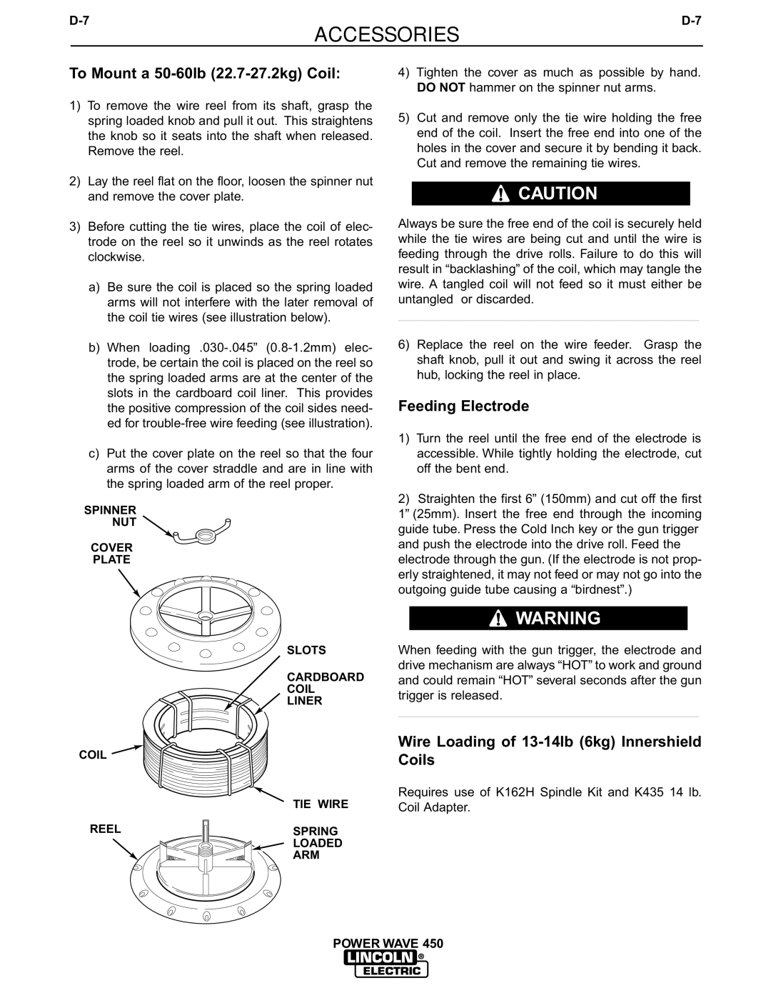 Lincoln Electric IM542-D manual To Mount a 50-60lb 22.7-27.2kg Coil, Feeding Electrode 