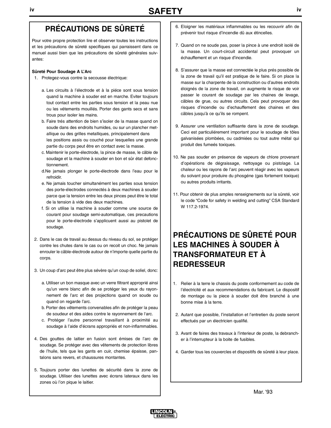 Lincoln Electric IM542-D manual Précautions DE Sûreté, Sûreté Pour Soudage a L’Arc 