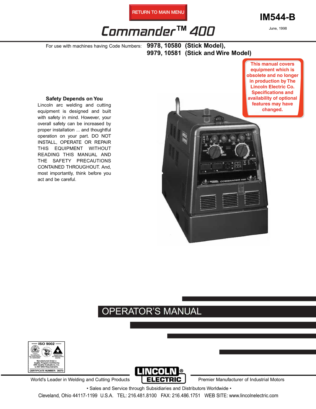 Lincoln Electric IM544-B manual Commander, Safety Depends on You 