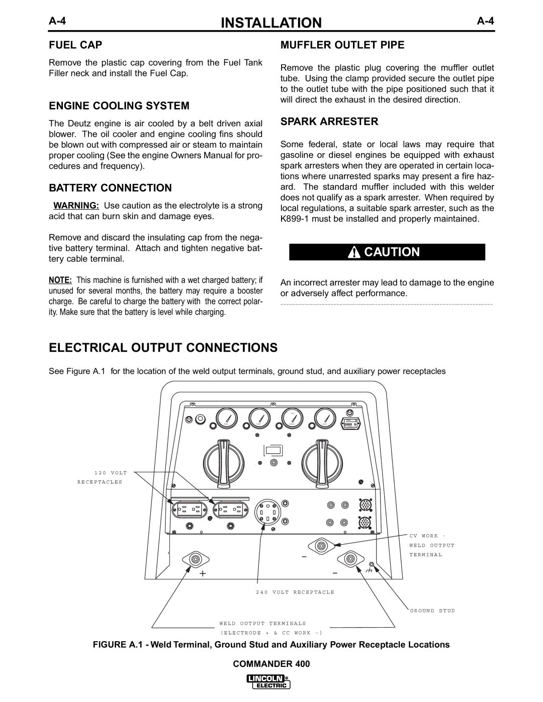 Lincoln Electric IM544-B Electrical Output Connections, Fuel CAP, Engine Cooling System Battery Connection, Spark Arrester 