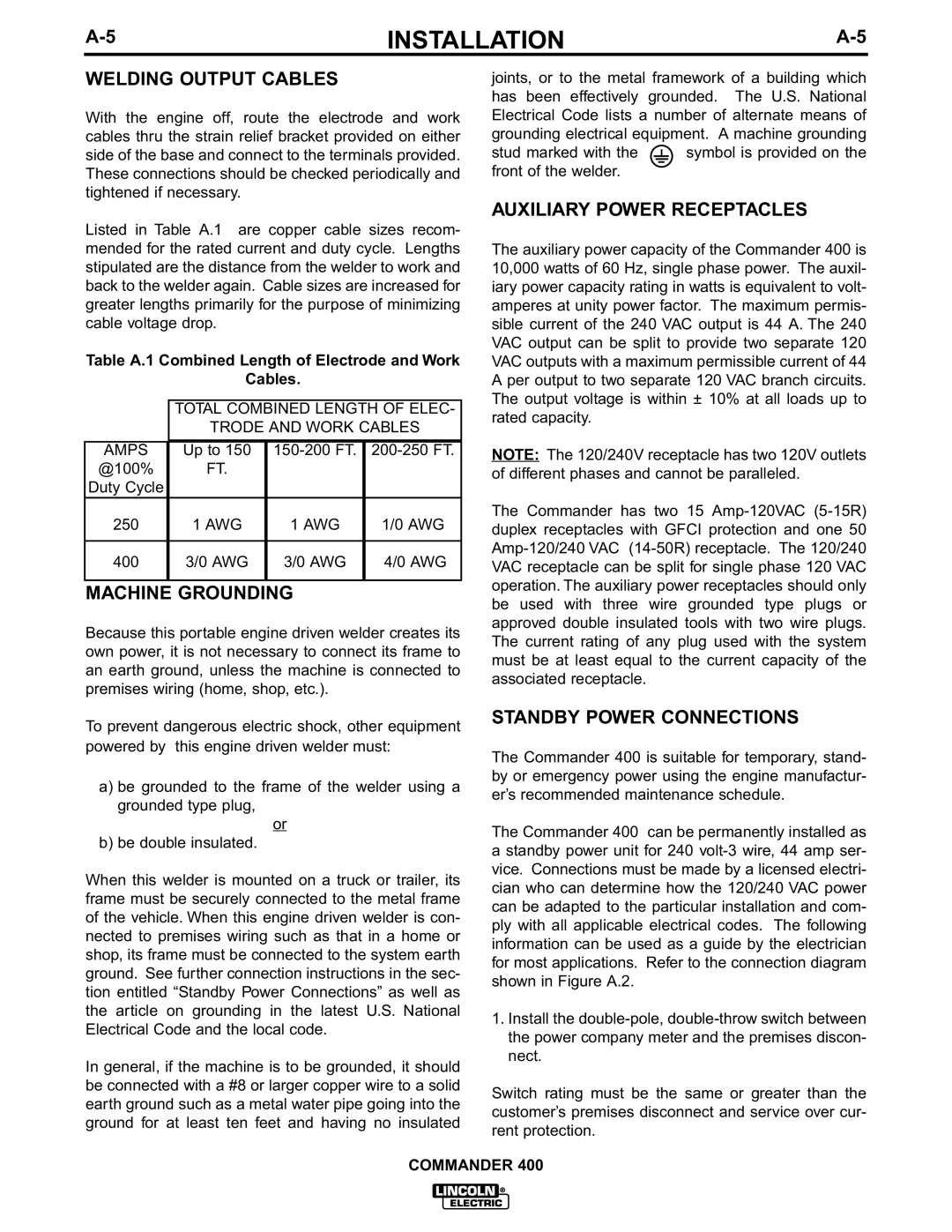 Lincoln Electric IM544-B Welding Output Cables, Machine Grounding, Auxiliary Power Receptacles, Standby Power Connections 