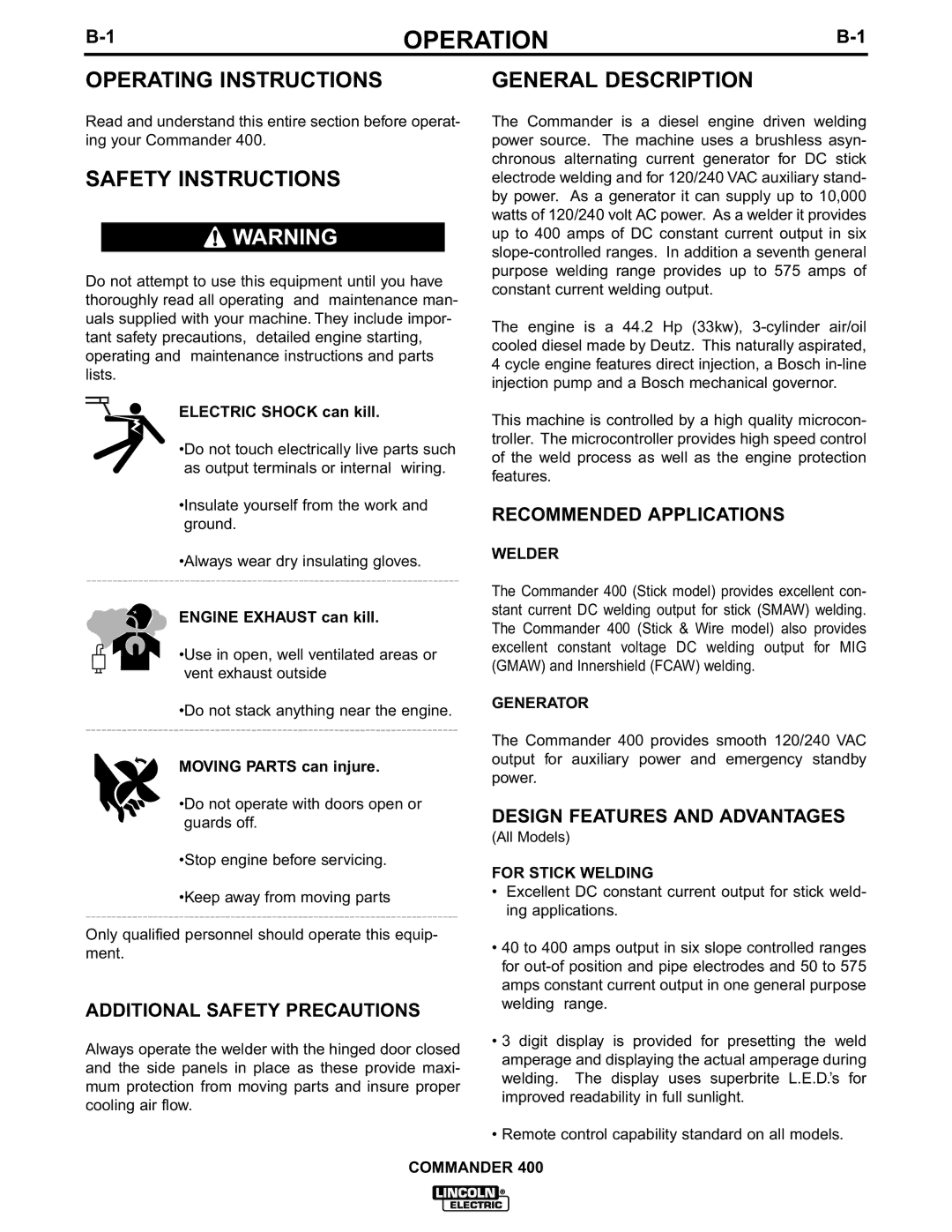 Lincoln Electric IM544-B manual Operation, Operating Instructions, Safety Instructions, General Description 