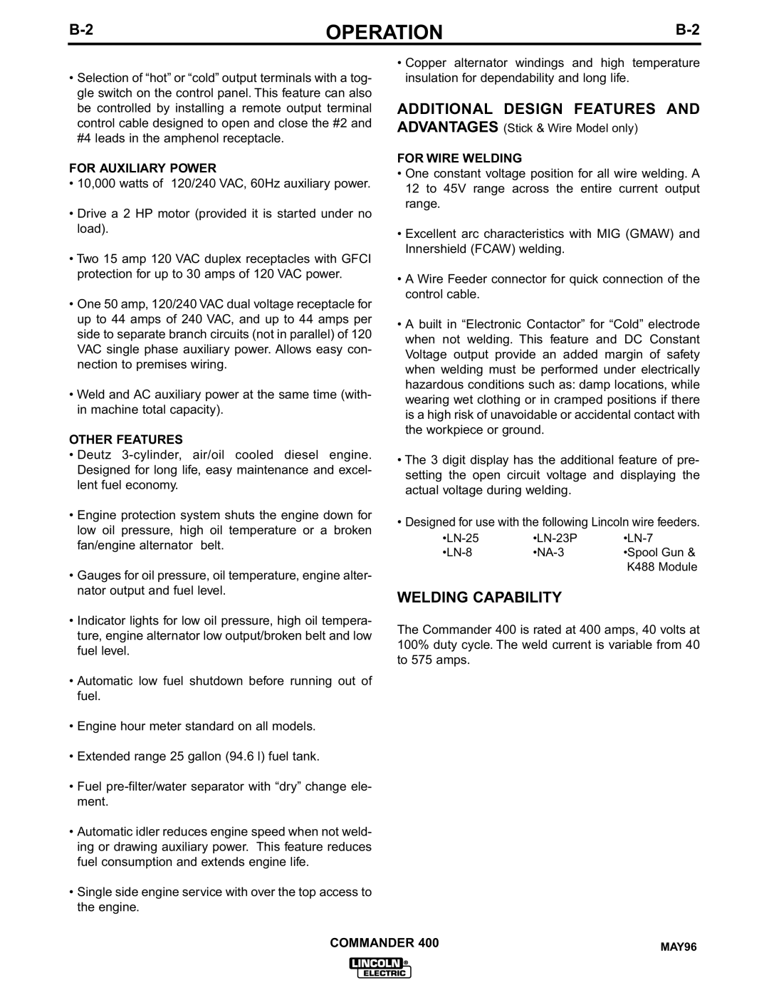 Lincoln Electric IM544-B manual Additional Design Features, Welding Capability, For Auxiliary Power, Other Features 