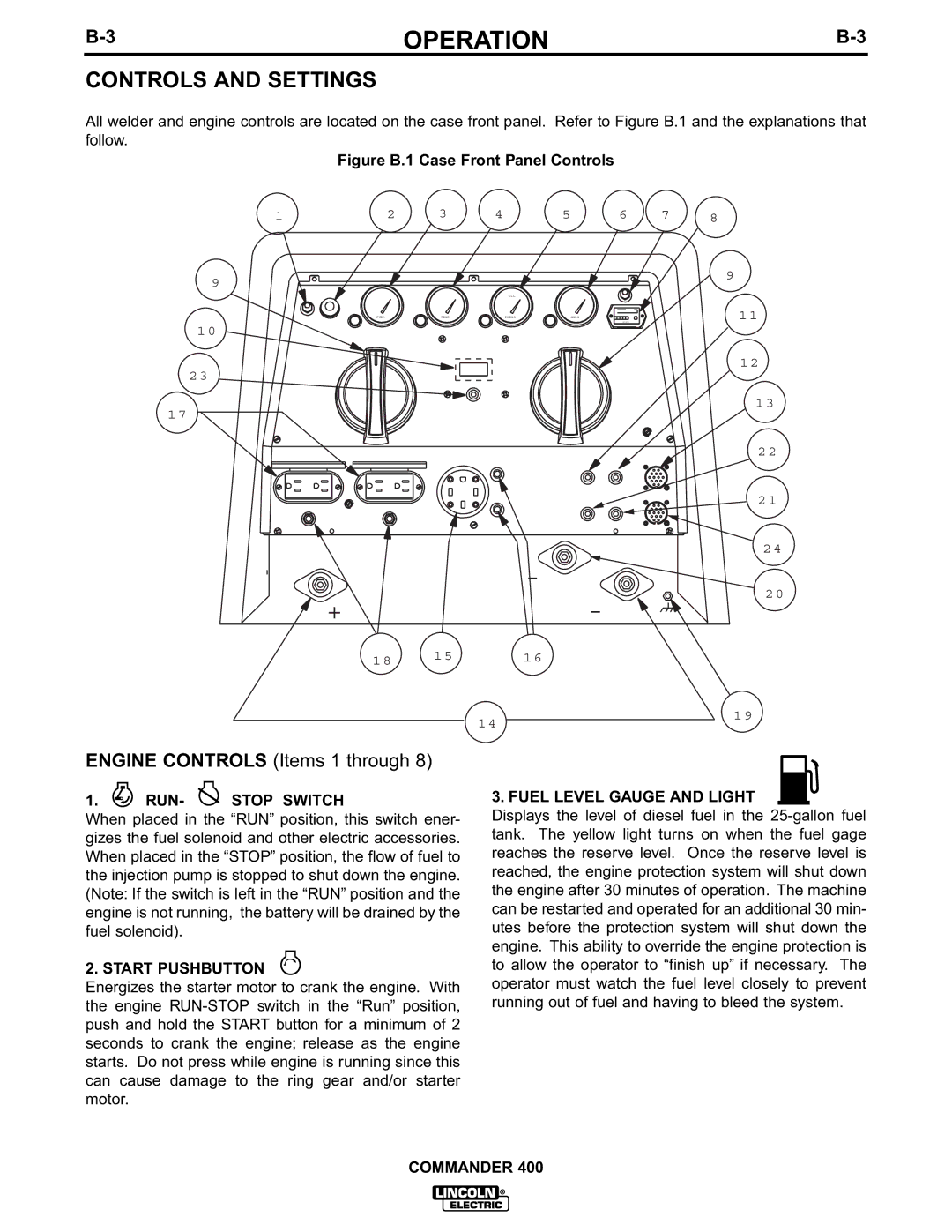 Lincoln Electric IM544-B manual Controls and Settings, RUN- Stop Switch, Start Pushbutton 