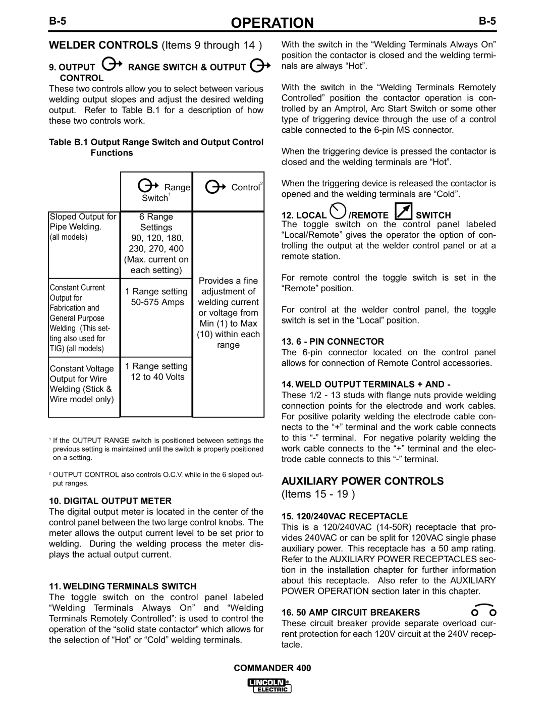 Lincoln Electric IM544-B manual Auxiliary Power Controls 