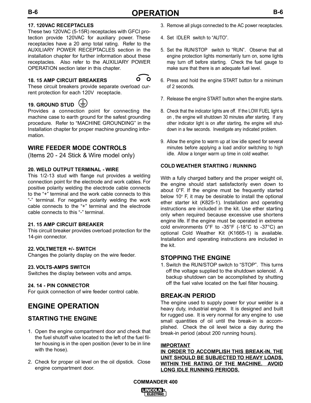 Lincoln Electric IM544-B manual Engine Operation, Wire Feeder Mode Controls, Starting the Engine, Stopping the Engine 