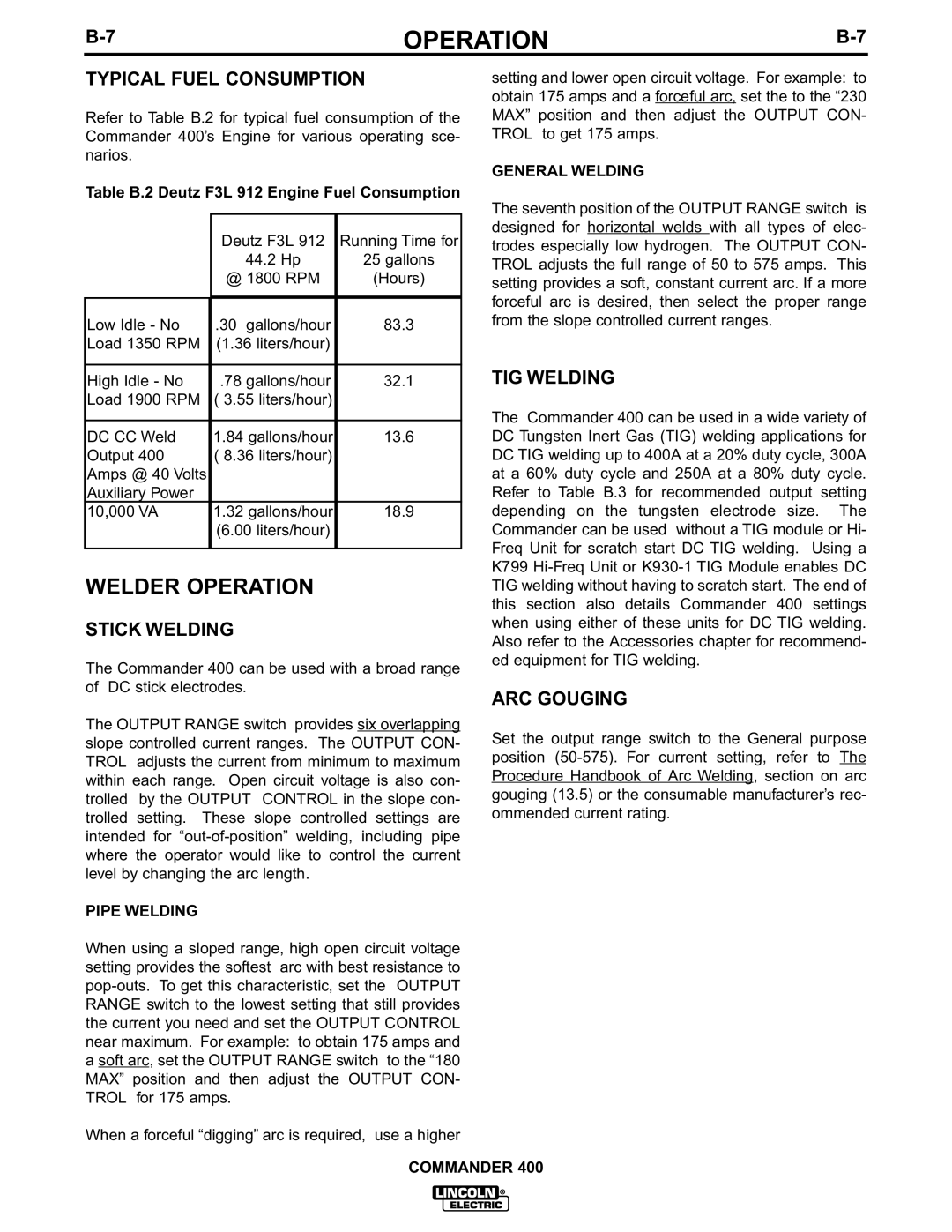 Lincoln Electric IM544-B manual Welder Operation, Typical Fuel Consumption, Stick Welding, TIG Welding, ARC Gouging 