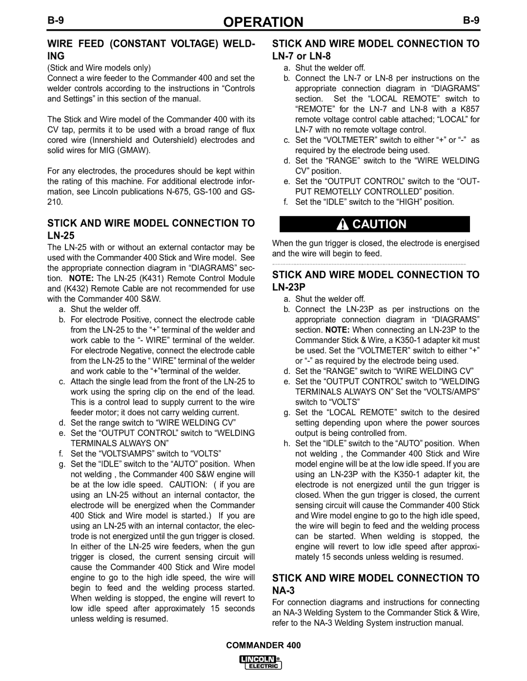 Lincoln Electric IM544-B manual Wire Feed Constant Voltage WELD- ING, Stick and Wire Model Connection to LN-25 