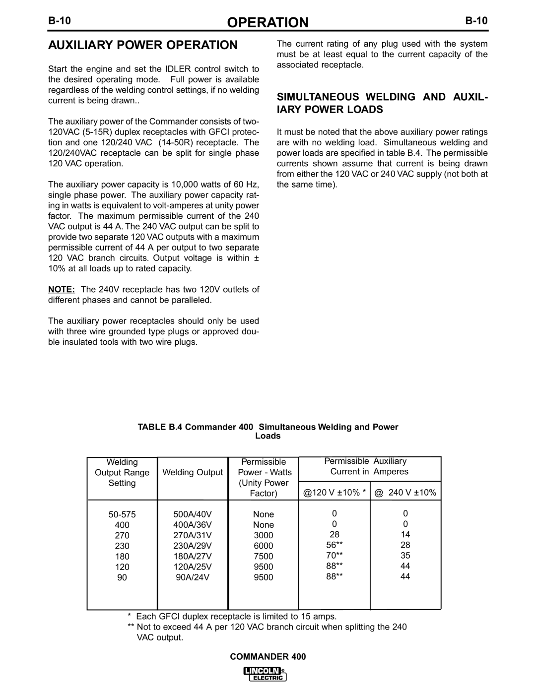 Lincoln Electric IM544-B manual Auxiliary Power Operation, Simultaneous Welding and AUXIL- Iary Power Loads 