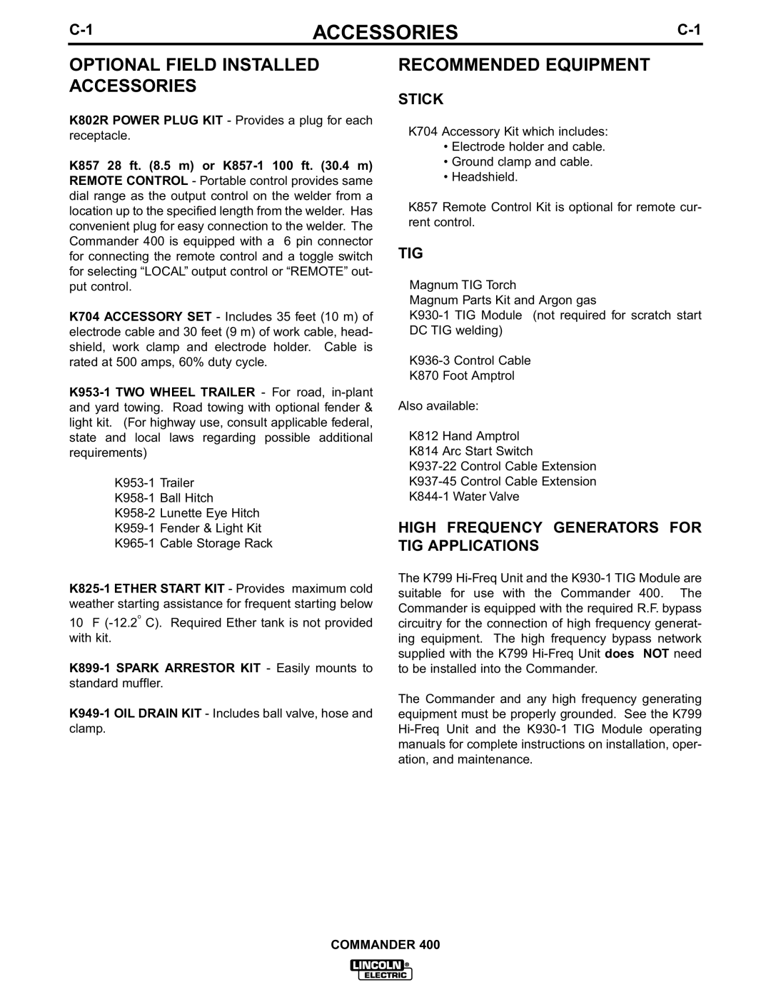 Lincoln Electric IM544-B manual Optional Field Installed Accessories, Recommended Equipment 