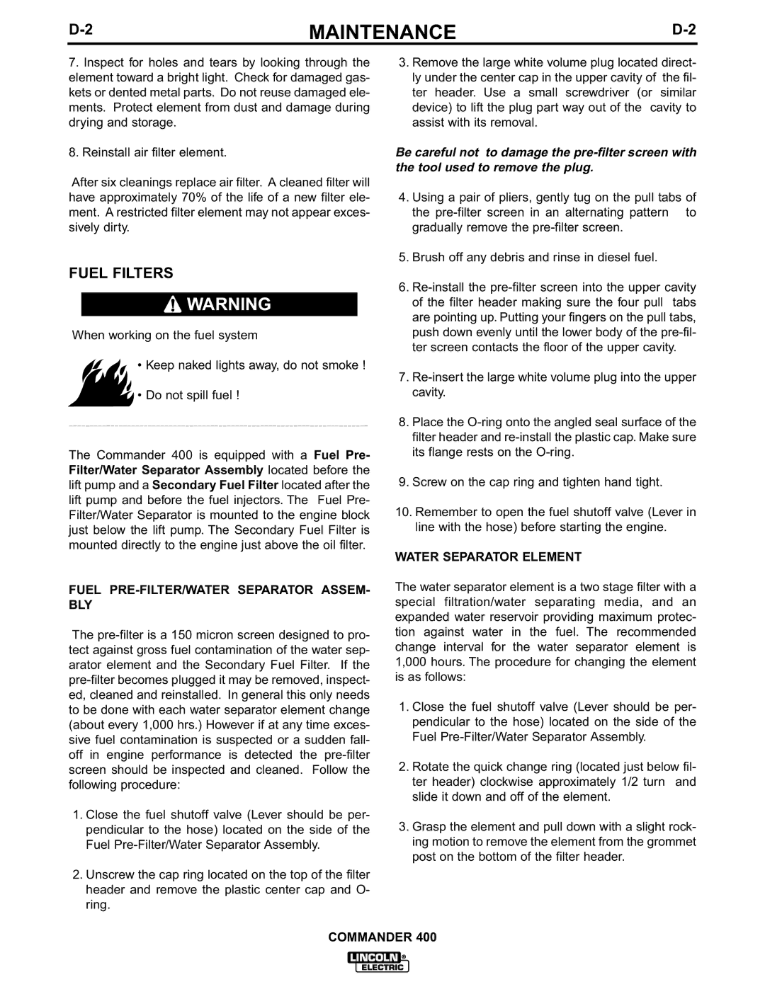 Lincoln Electric IM544-B manual Fuel Filters, Fuel PRE-FILTER/WATER Separator ASSEM- BLY, Water Separator Element 