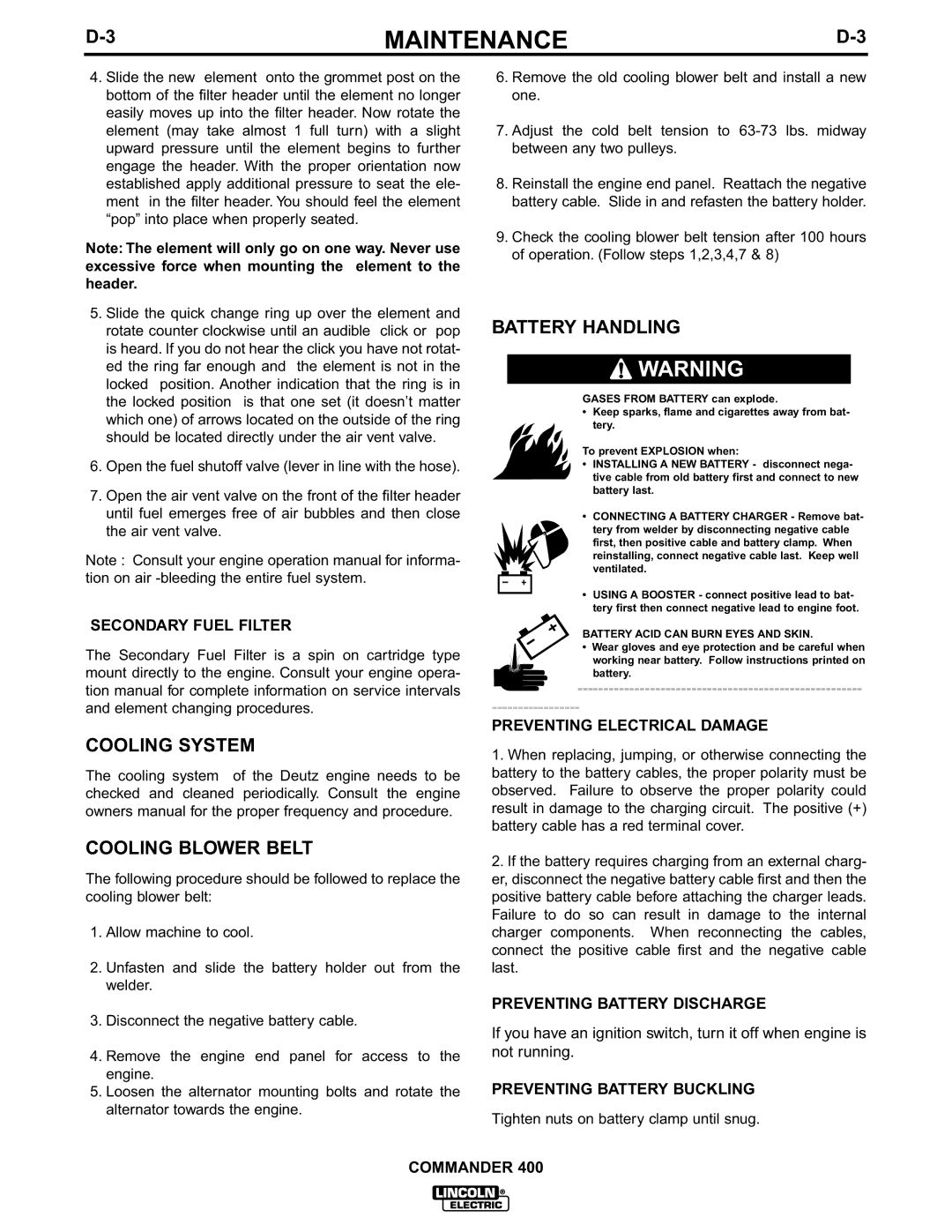 Lincoln Electric IM544-B manual Cooling System Cooling Blower Belt, Battery Handling 