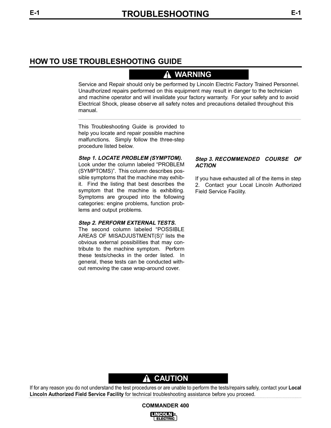 Lincoln Electric IM544-B manual HOW to USE Troubleshooting Guide 