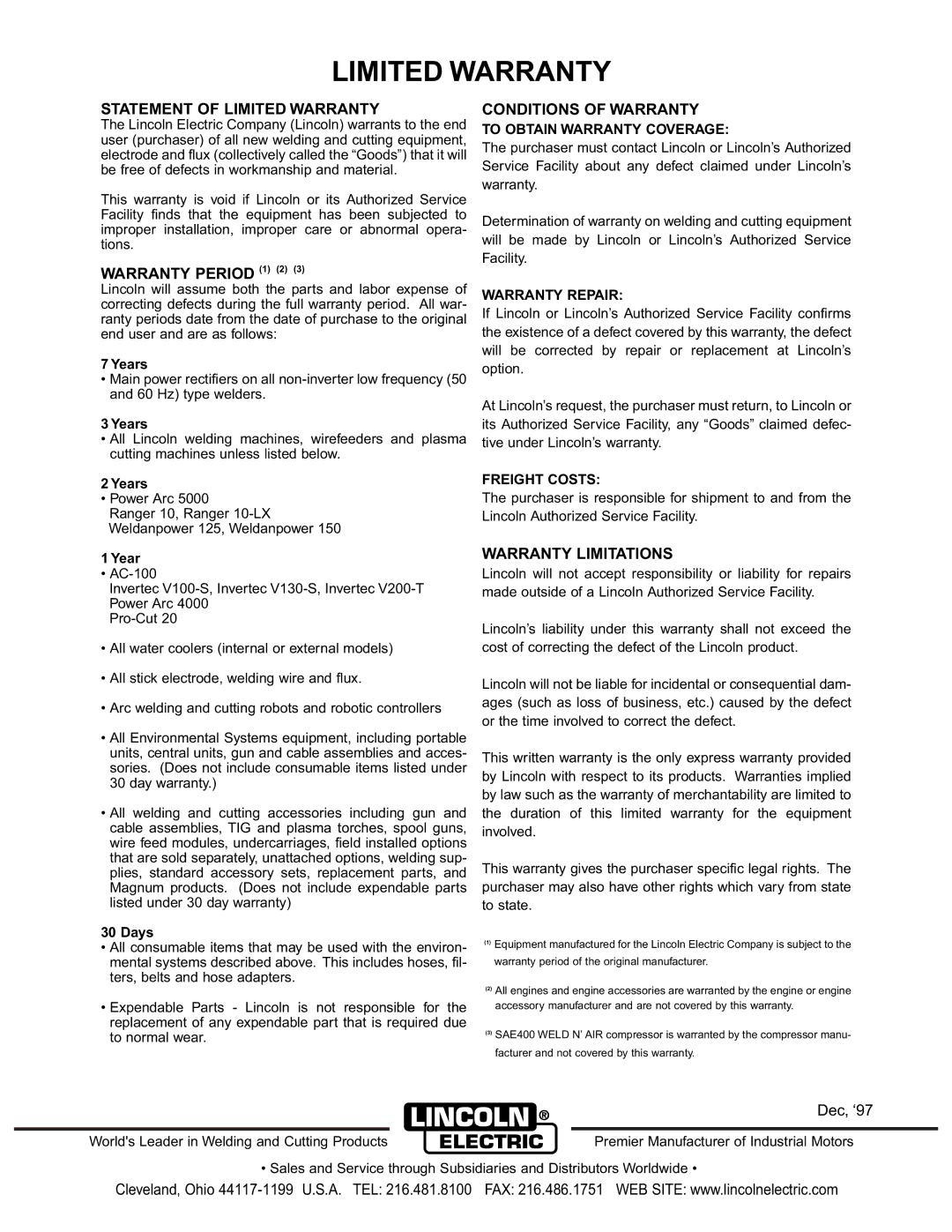 Lincoln Electric IM544-B Statement of Limited Warranty, Warranty Period 1 2, Conditions of Warranty, Warranty Limitations 